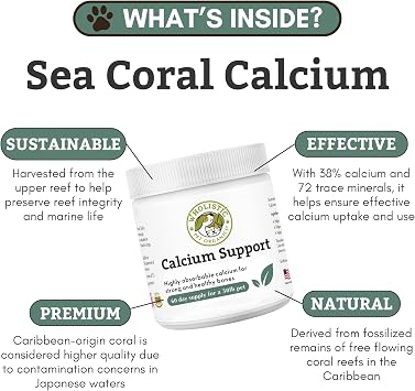 Calcium for Dogs and Cats - 60 Scoops | Sea Coral Cat and Dog Calcium Supplement with 72 Trace Minerals - Supports Strong Bones, Teeth & Muscles