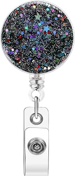Soleebee Badge Reel Retractable, Nurse Retractable Badge Holder, Bling Sequins ID Name Badge Clip, Badge Reel Clip with 360 Swivel Alligator Clip & 24 Durable Nylon Cord Black