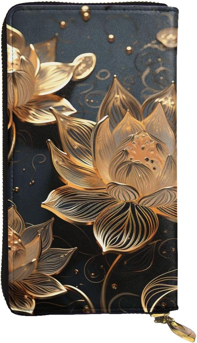 Womens Wallet Leather Slim Wallet Long Card Holder Case Zip Clutch Boho Gold Flowers Travel Purse