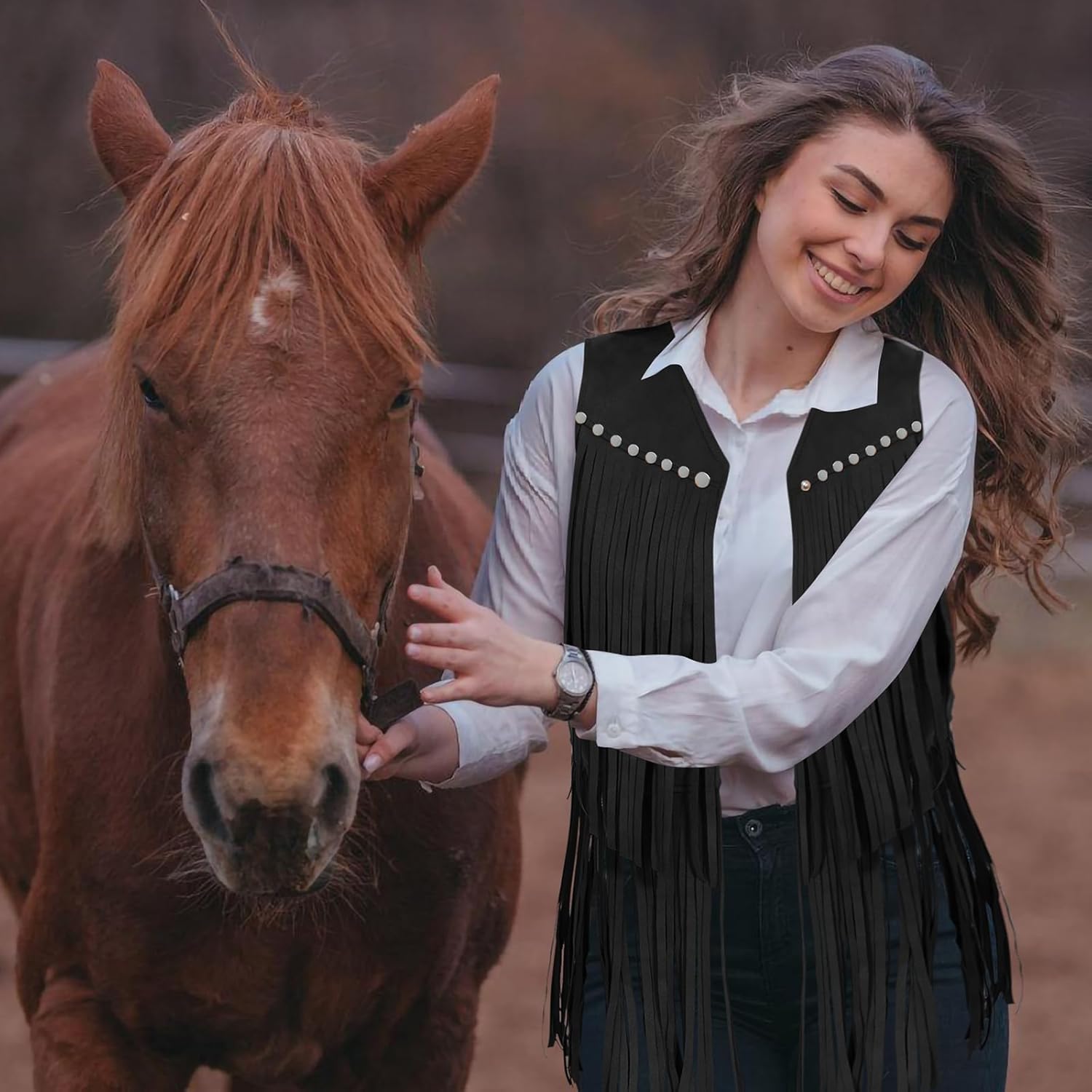 Women's Fringe Vest 60s 70s Hippie Vest Sleeveless Cowgirl Western Faux Suede Tassel Leather Jacket Party Halloween - Image 6