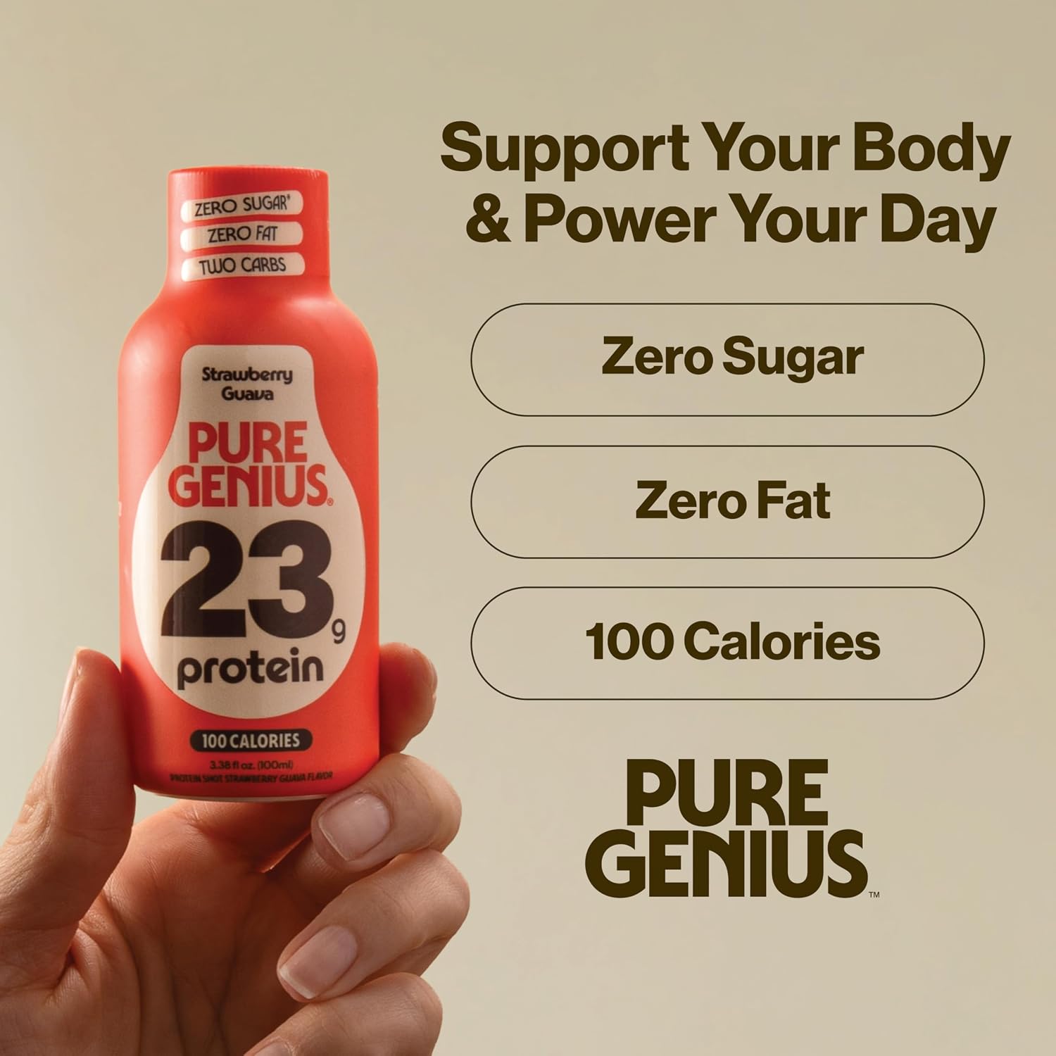 Pure Genius 23g Protein Shot Drink | 100 Calories, No Sugar, No Fat, Whey & Collagen, Gluten Free, Keto Friendly, No Artificial Flavors or Sweeteners, TSA Size 3.38 Fl Oz, Strawberry Guava (24 Pack)