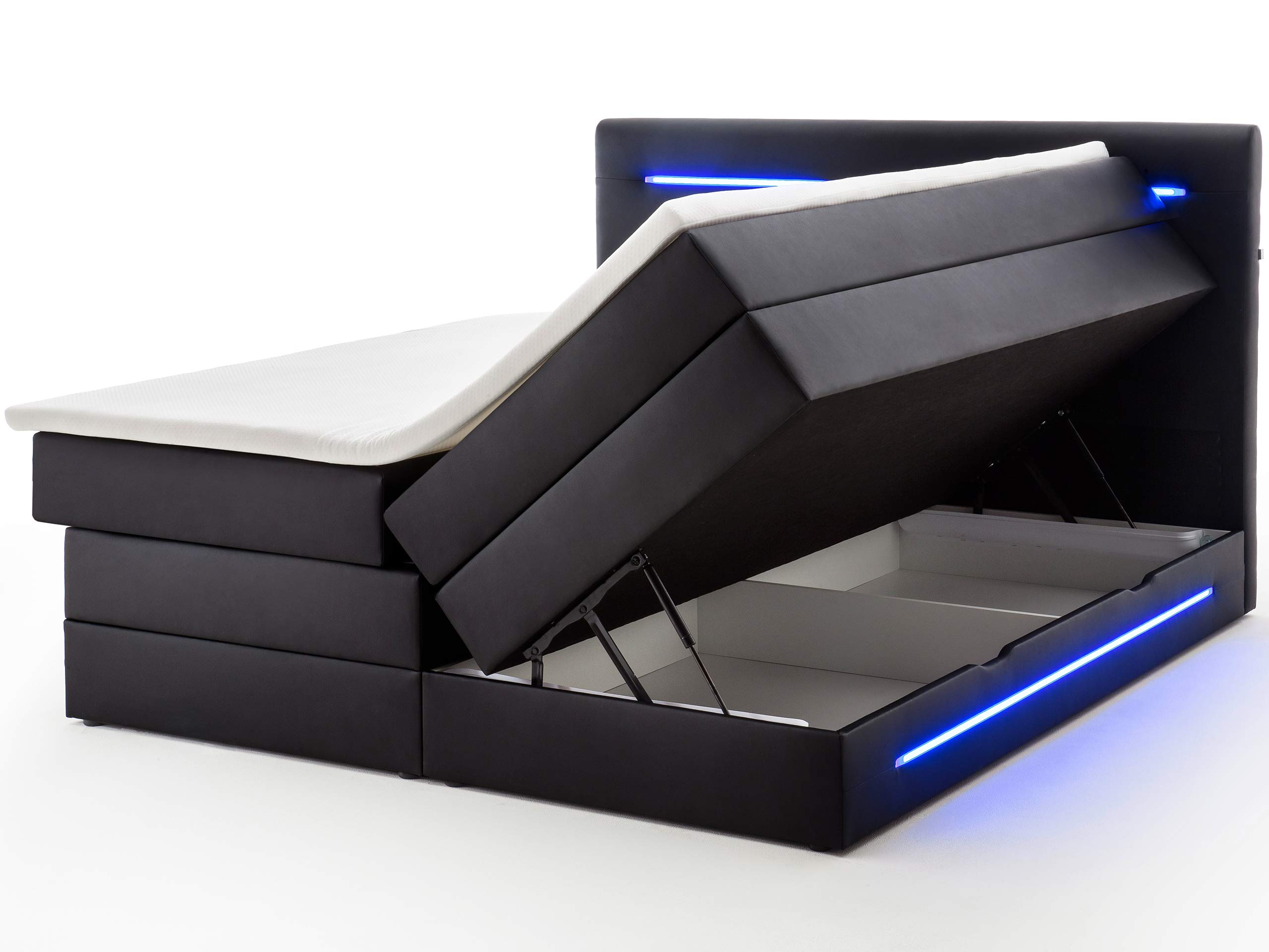 Boxspringbett 180x200 mit Bettkasten und LED Beleuchtung - gemütliches Bett mit led Beleuchtung - Stauraumbett 180 x 200 cm schwarz mit Matratze und Topper