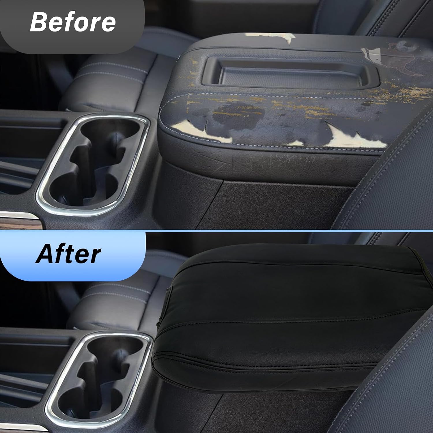 Center Console Armrest Cover Compatible with GMC Sierra Chevy Silverado 2019-2026, Tahoe Yukon Suburban 2021-2026, Scratch Resistant Vinyl Leather, Black (Black - Covered)