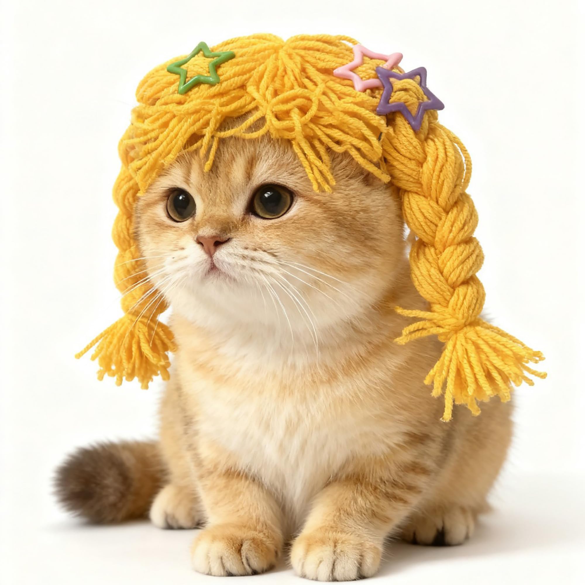 Cat Wig for Small Dogs & Pets, Cute Braided Yarn Costume, Funny Birthday Outfit Clothes, Soft Lightweight Accessory for Photos, Party Props and Daily Wear (Yellow)