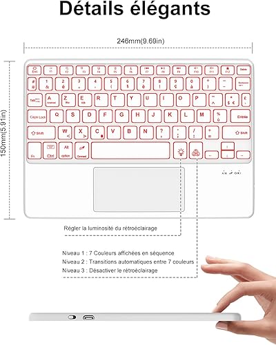FOGARI Keyboard Case for iPad 11/10th Generation 2025/2022, Detachable Wireless Bluetooth AZERTY Keyboard Backlight 7 Colors Multi-Touch Touchpad for iPad 10th Gen/A16 (10.9"/11") - Pink - 5