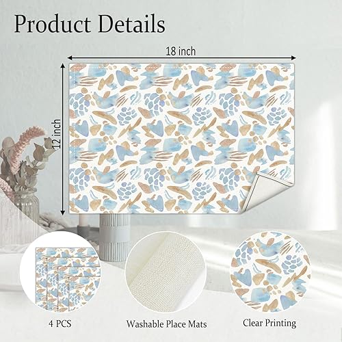 Miniatura 2 de Juego de 4 manteles individuales azules y marrones, manteles individuales de acuarela para la cocina del hogar, restaurantes, lino al aire libre,