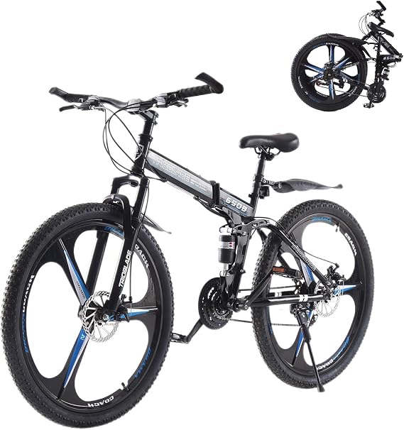 TRIOBLADE 24/26/27.5'' Folding Mountain Bike 21Speed Foldable Mountain Bicycle with Dual Disc Brakes 3 Spoke Wheels Mountain Bikes Dual Suspension Design for Adult Men Women