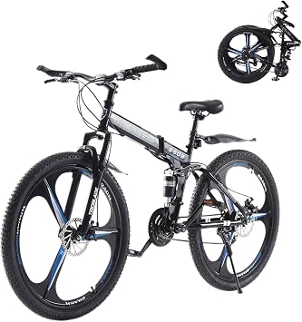 TRIOBLADE 24/26/27.5'' Folding Mountain Bike 21Speed Foldable Mountain Bicycle with Dual Disc Brakes 3 Spoke Wheels Mountain Bikes Dual Suspension Design for Adult Men Women