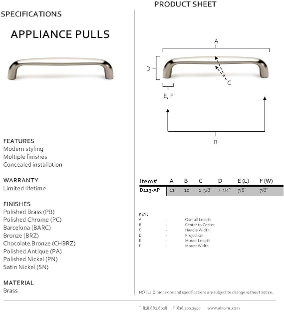 Alno D113-AP-PN Appliance Modern Pull, Polished Nickel