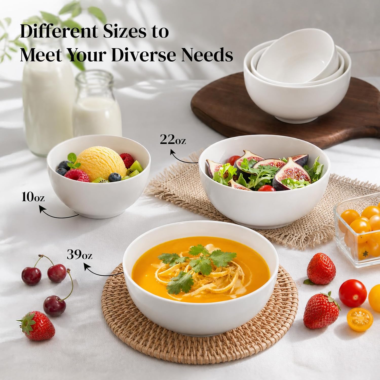 DOWAN 22 OZ White Ceramic Bowls Set of 6 - Perfect for Soup Bowls for Kitchen, Cereal Bowl, Ramen Bowl, Dishwasher & Microwave Safe