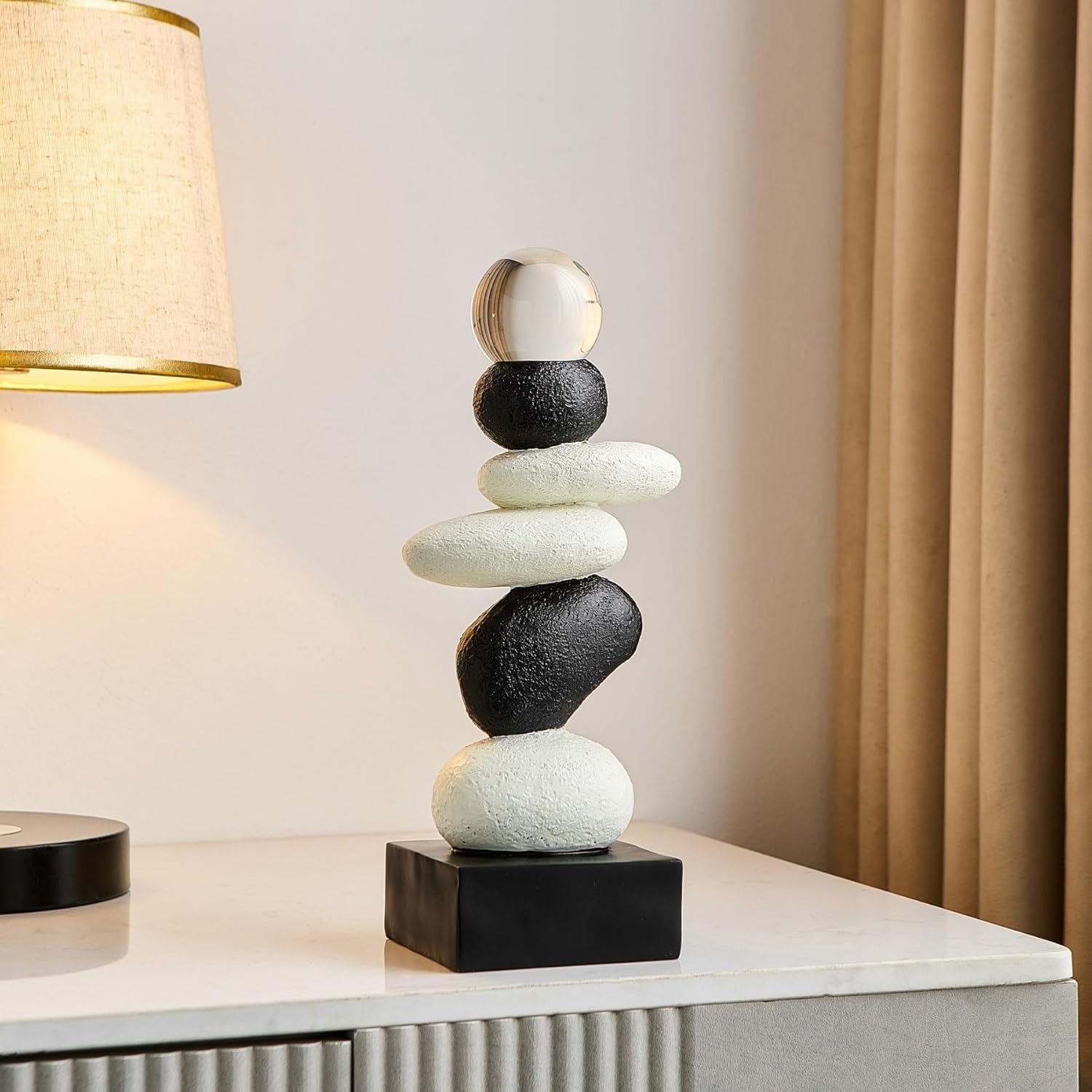 FJS Modern Fake Stone Sculpture Decor for Living Room, Black and White Stacked Statue for Coffee Table Centerpiece, Resin Sculptures for TV Stand Shelf Bookshelf Decorations, Gifts for Good Luck