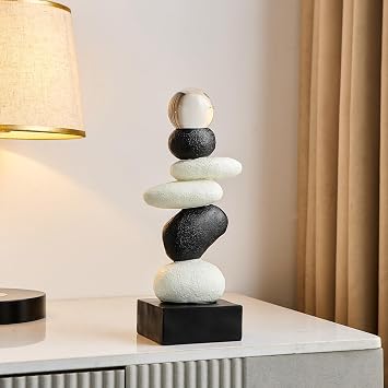 FJS Modern Fake Stone Sculpture Decor for Living Room, Black and White Stacked Statue for Coffee Table Centerpiece, Resin Sculptures for TV Stand Shelf Bookshelf Decorations, Gifts for Good Luck