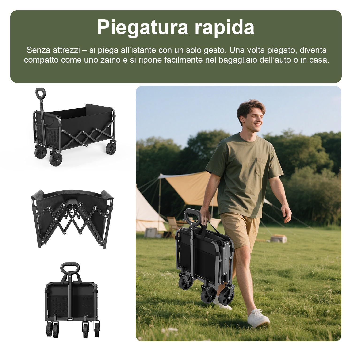 Carrello Pieghevole su Ruote 120L, 160KG Carrello Spiaggia Natale per Animali Domestici con Braccioli Regolabili Sacchetti per Tazze, Trasportatore Picnic per Campeggio All'aperto Giardino