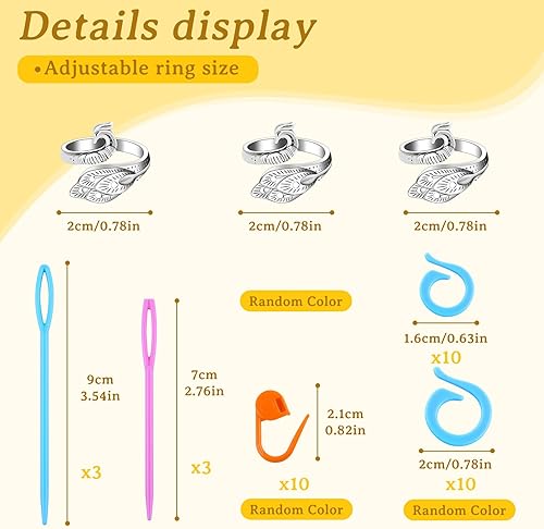 Miniatura 2 de Yizzvb 3 anillos de ganchillo + 30 marcadores de puntada, juego de accesorios de punto y ganchillo, anillos de tensión ajustables para hilo de dedo,