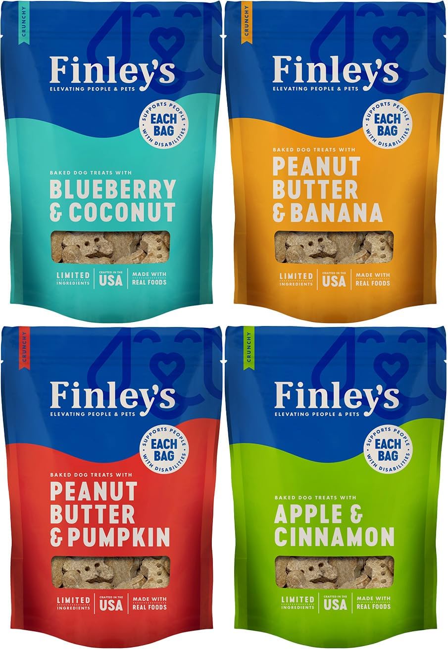 Finley's Oven Baked Dog Biscuits - 4 Delicious Flavors: Blueberry Coconut, Apple Cinnamon, Peanut Butter & Banana, and Peanut Butter and Pumpkin (6oz Each, 4 Bags Total)
