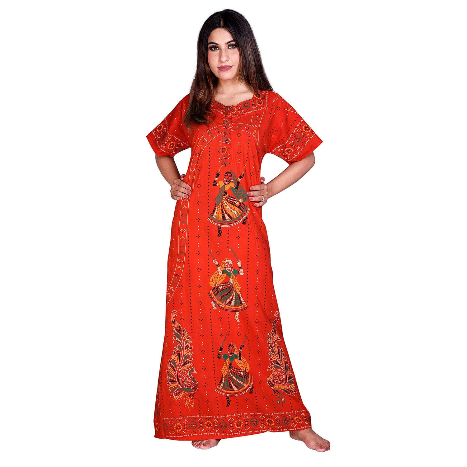Indian Handicraft Palace Cotton Women/Girls Night Gown/Night Wear/Nighty/Casual Wear Home Dress-054 Orange-picture-36