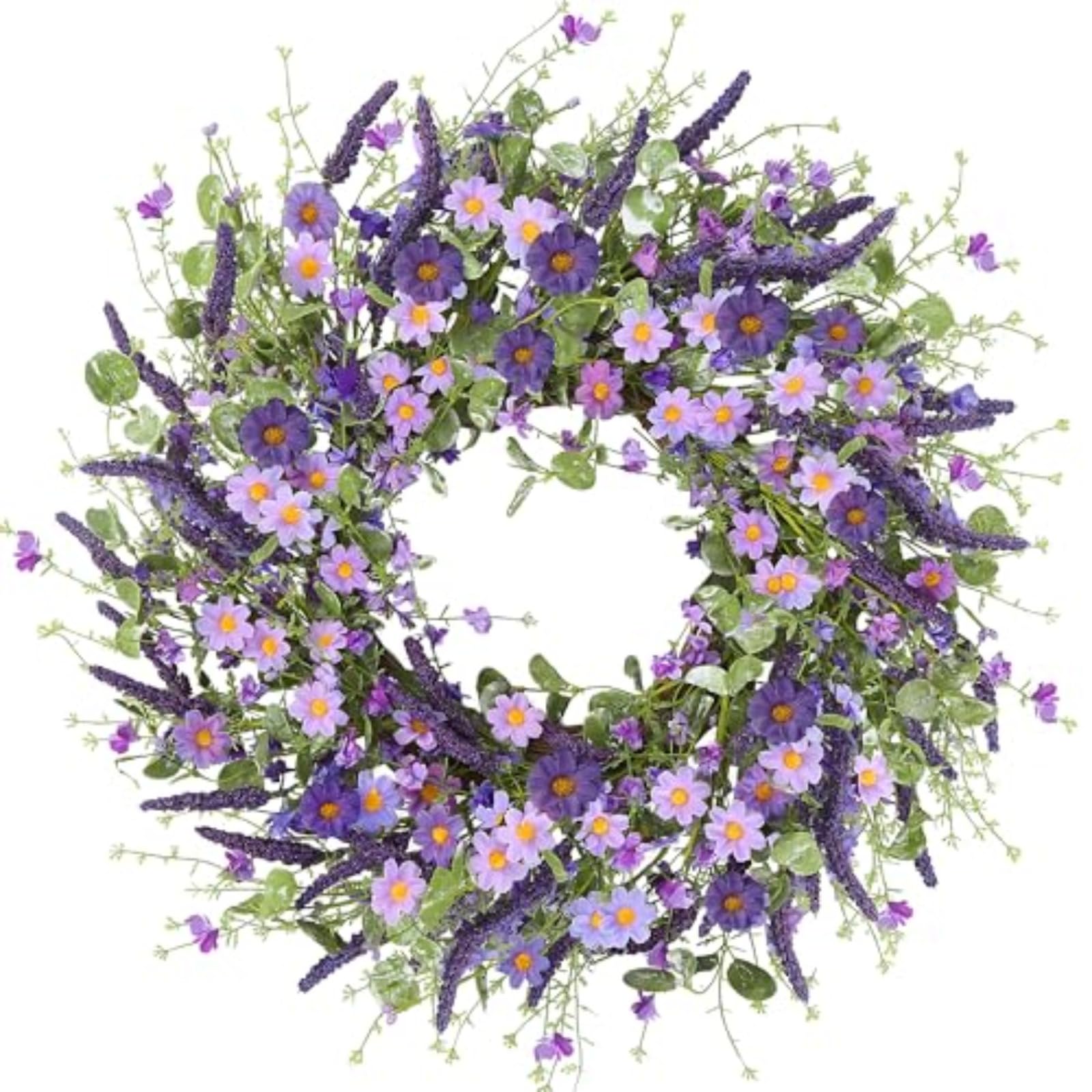Spring Summer Outdoor Wreath, 45cm Purple Floral Wreath for Front Door, All Season Spring Wreath with Greenery (40cm)