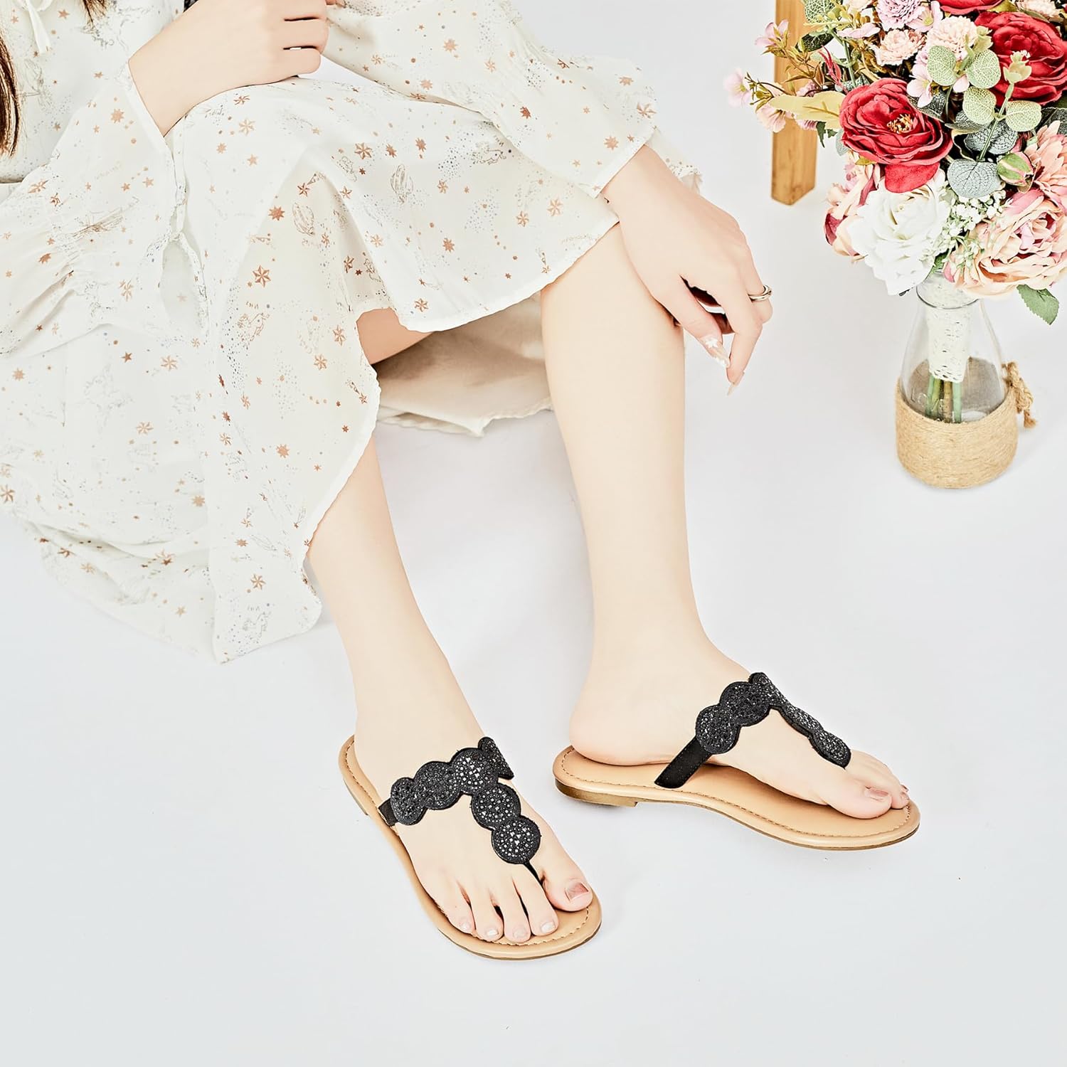 Ataiwee Women's Bohemian Bling Flat Slide Sandals - Casual Summer Thong Sandals with Rhinestone Decor, Rubber Sole, Lightweight & Comfortable for Casual Attire Strappy Sandals. - Image 3