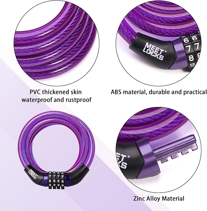 Candado combinado para bicicleta cable 4 pies morado miniatura 3