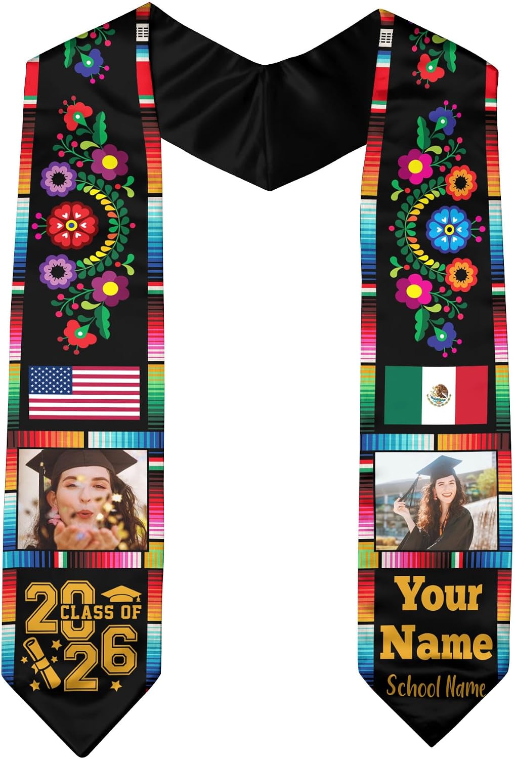 Mexican Graduation Sash, Mexico Graduation Stole Customize Photo, Mexican American Flag Sash 2026