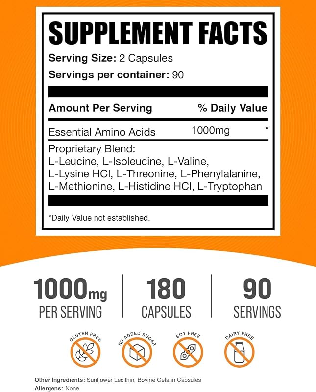 BulkSupplements.com Essential Amino Acids Capsules (EAA) - Amino Acids Supplement - EAAs Amino Acids - EAA Capsules - 1000 mg Serving - 90 Day Supply (180 Gelatin Capsules) image 2