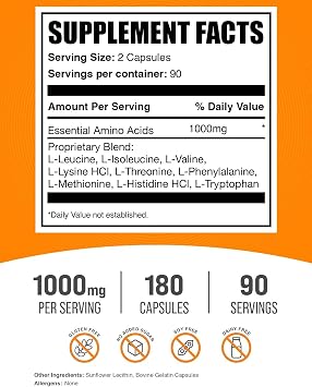 Essential Amino Acids Capsules (EAA) - Amino Acids Supplement - EAAs Amino Acids - EAA Capsules - 1000 mg Serving - 90 Day Supply (180 Gelatin Capsules)
