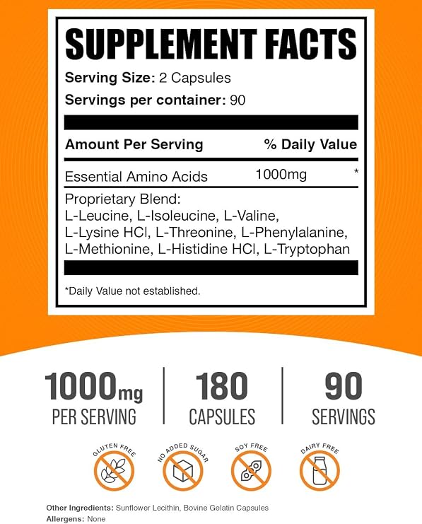 Essential Amino Acids Capsules (EAA) - Amino Acids Supplement - EAAs Amino Acids - EAA Capsules - 1000 mg Serving - 90 Day Supply (180 Gelatin Capsules)