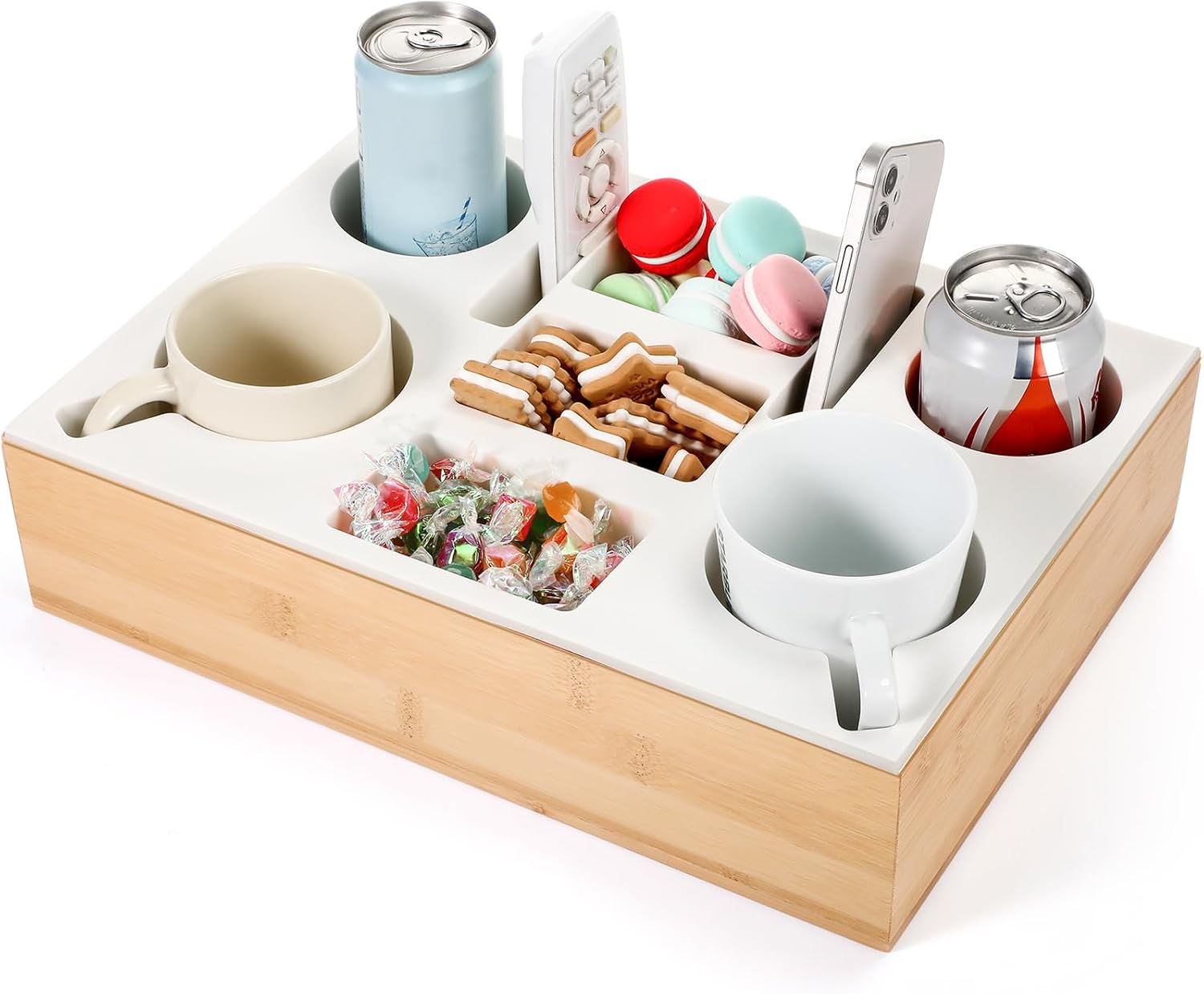 Yerliker Couch Cup Holder Tray, Silicone Lining Couch Caddy Waterproof Anti-spill Sofa Cup Holder for Bed Car Seat Organizer, Hold Mugs, Drinks, Snacks, Phones, Remotes(Rectangle,White,Bamboo)