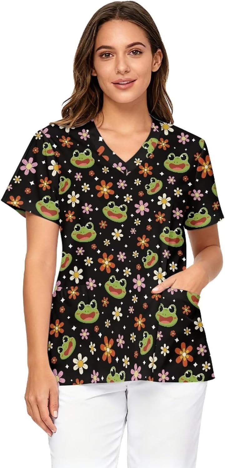 Tupalatus Women Scrub Tops Short Sleeve Flex Easy Care Fabric Plus V-Neck Soft Smooth