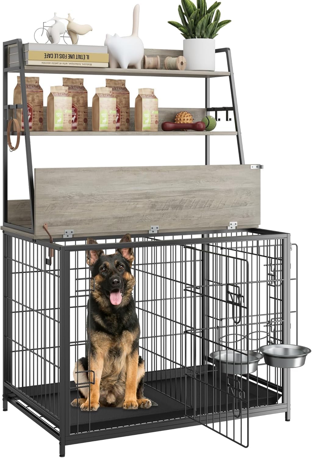 57 Inch Dog Crate Furniture with Storage – Large Dog Cage with Double Door,Dog House Kennel Indoor with Two 7″ Dog Bowls,37.4″×24.4″×57.1″,Grey