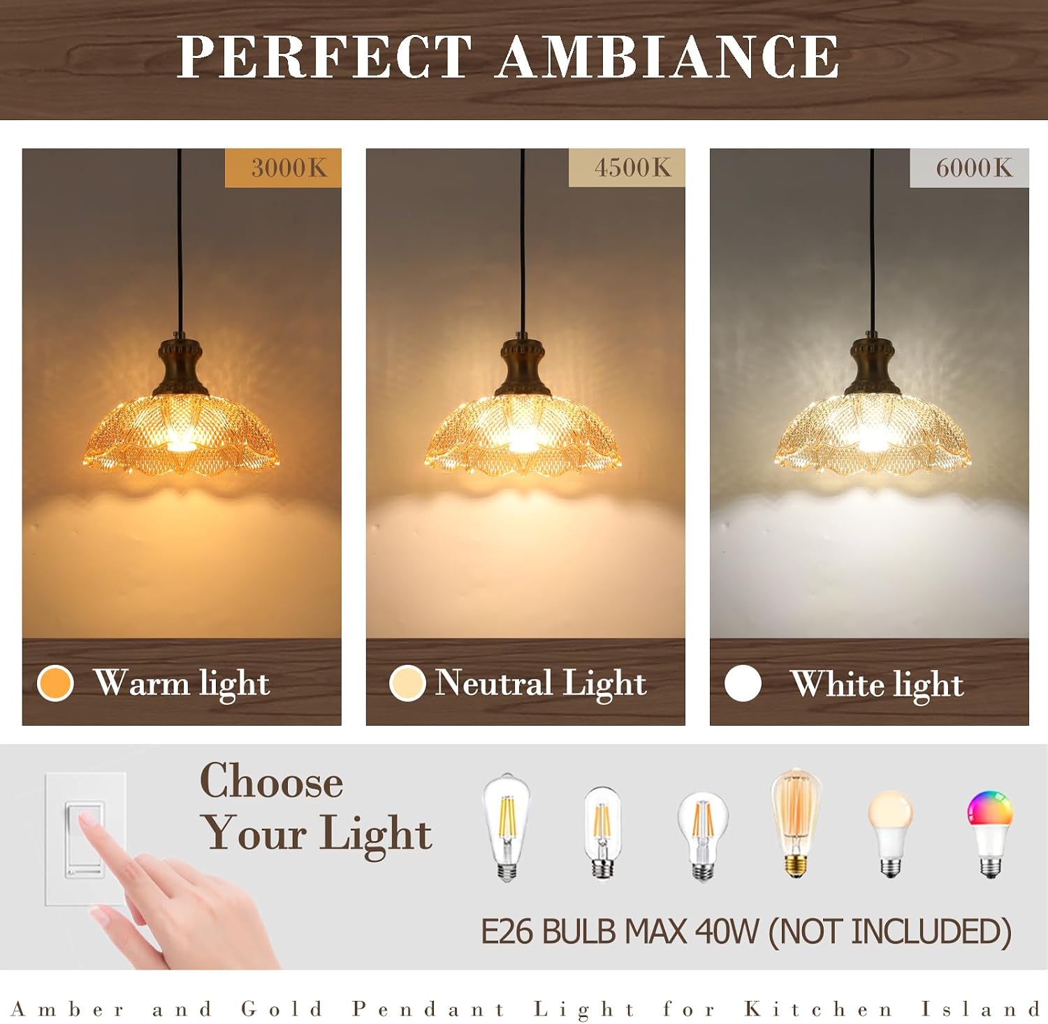 Island Pendant Lights for Kitchen, Clear Glass Pendant Light Fixtures, Modern Farmhouse Hanging Pendant Lights for Kitchen Island Sink Dining Room Bedroom Cafe bar, E26 Base (Amber, 1 Pcs)