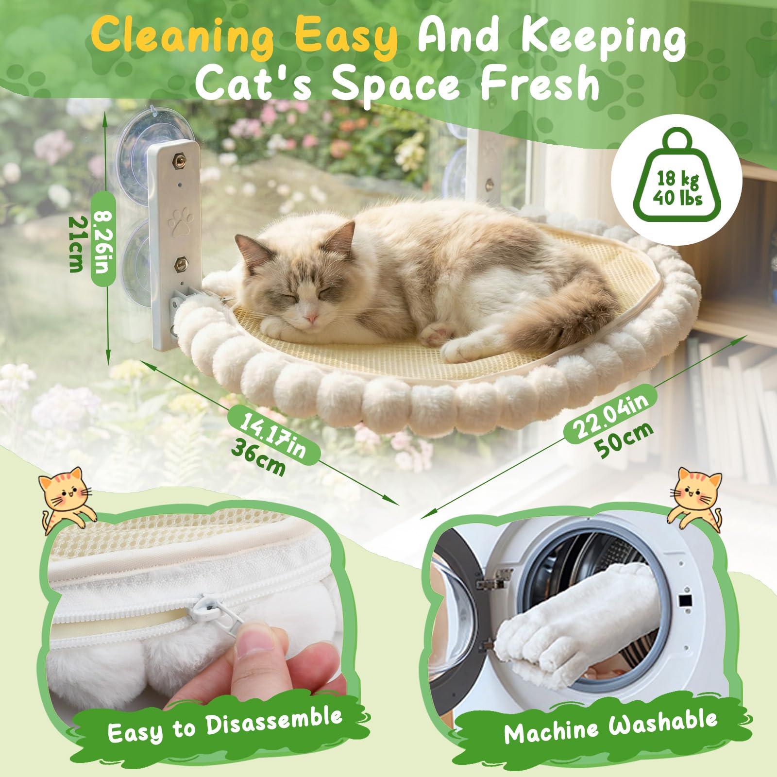 50 x 36cm Hamaca Gato Ventana,Cama Ventana para Gatos,Cat Window Perch Bed,Hamaca para Gatos Plegable,con Fuerte Succión,Soporta hasta 18 KG,Apto para Todo el Año