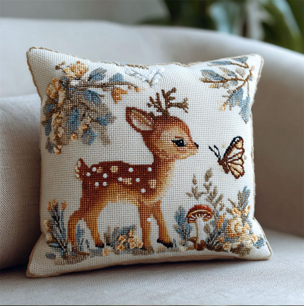 Stamped Cross-Stitch Kit W/Printed Tapestry Canvas — Cute Deer And Butterfly 17.7X17.7In(45X45Cm) Stamped Cross-Stitch Cushion Embroidery Kits Set Beginners For Creative Home Décor — Needlew