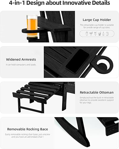 Miniatura 4 de Mecedora plegable Adirondack, silla de patio multifuncional 4 en 1 con otomana retráctil, silla de exterior con textura de madera, silla de césped