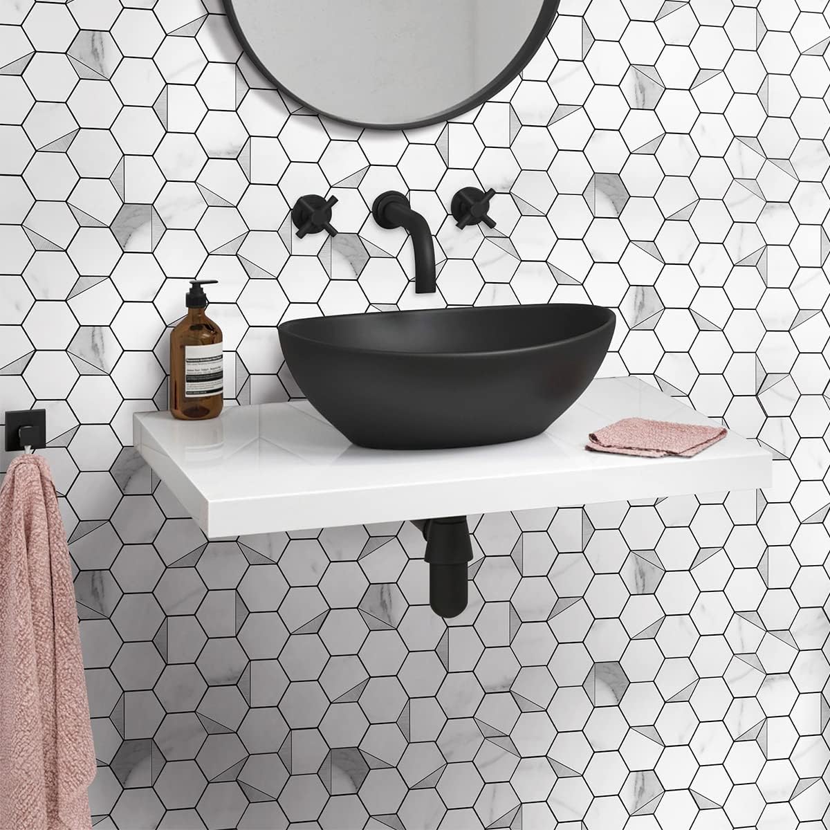 Metal Tile Backsplash with RetroLook - (Hexagon White Marble Mixed Silver 5pc/Pack) Metallic Peel and Stick, Luxury Wall Remodelling in Affordable Price, Ideal for Kitchen, Bathroom, Stairway