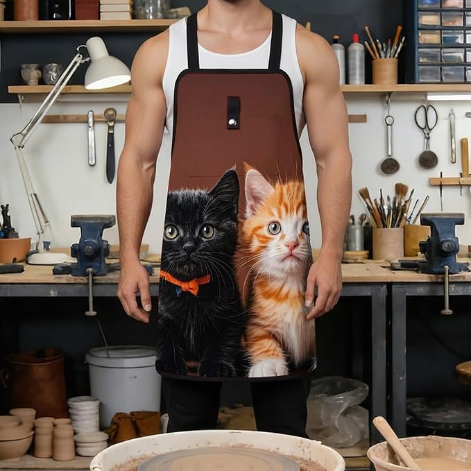Delantal de trabajo unisex con diseño gato negro y naranja miniatura 4