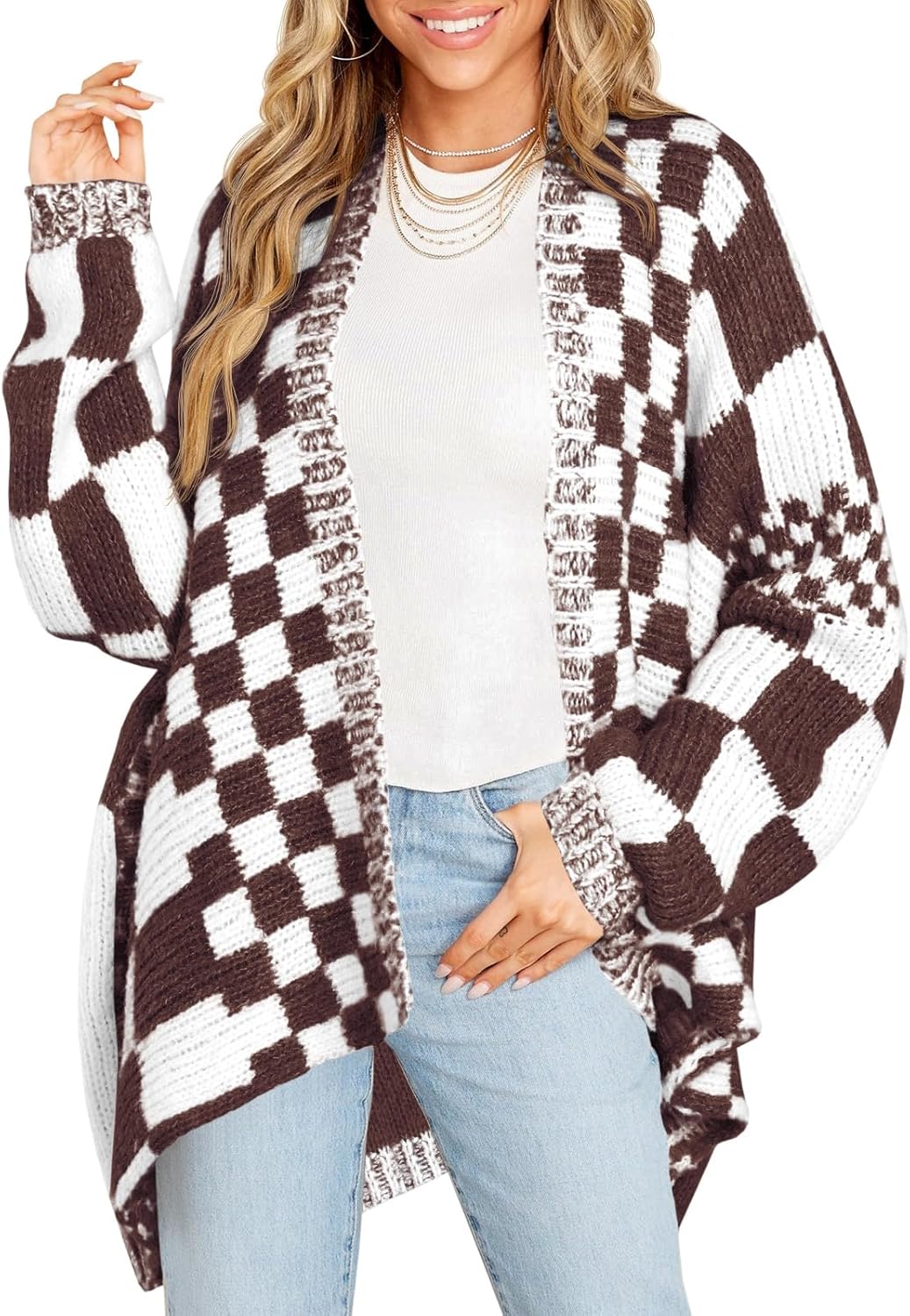 Saodimallsu Womens Checkered Sweater Color Block Plaid Cardigans Oversized Long Sleeve Knit Open Front Coats