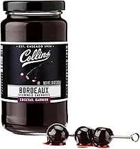 Collins Stemmed Black Cherries for Cocktails, Old Fashioned, Manhattan, and Whiskey Sour, Cocktail Cherry in Bordeaux Syrup, Garnish for Mocktails, Party Drinks, Baking, Desserts, 10 oz