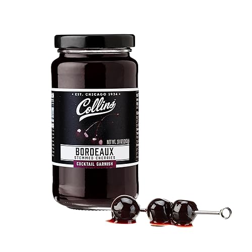 Collins Stemmed Black Cherries for Cocktails, Old Fashioned, Manhattan, and Whiskey Sour, Cocktail Cherry in Bordeaux Syrup, Garnish for Mocktails, Party Drinks, Baking, Desserts, 10 oz - Bordeaux Cherries - 10 oz
