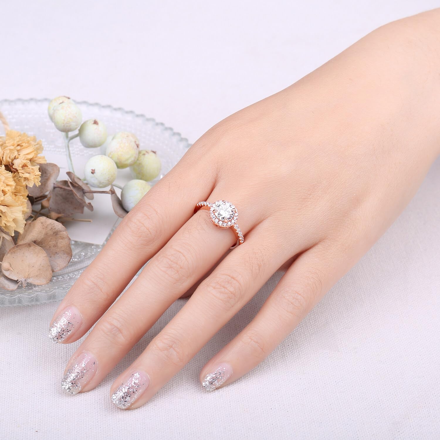 JewelryPalace 1.55ct Halo Cubic Zirconia Bague Taille Rond Pierre Argent Massif 925 Femme, Plaqué Or Jaune Or Rose Bague Diamant Simulé Fiançailles Mariage Promise Alliance, Ensemble Bijoux Mariee