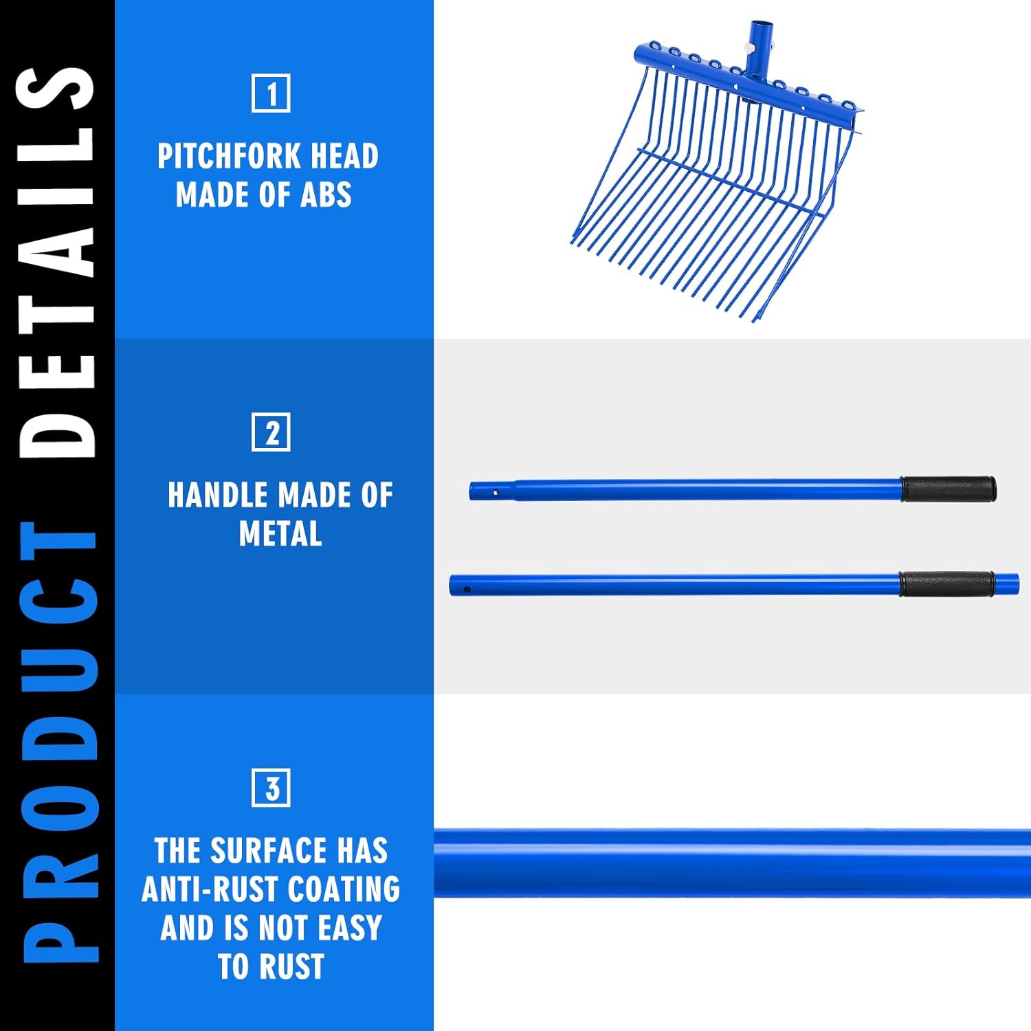 Lasnten 3 Sets Metal Manure Fork with Long Metal Handle Pitch Fork Manure Rake Heavy Duty Muck Rake for Gardening Horse Stall Stable Grass Hay Cleaning Farm Work (Blue)