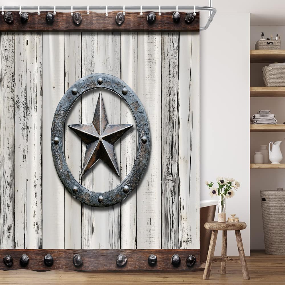 Rustic Shower Curtain Western Texas Star Retro Farmhouse Rusty Country Primitive Wooden Board Polyester Fabric Bathroom Decor 70×78 Inch with Hook