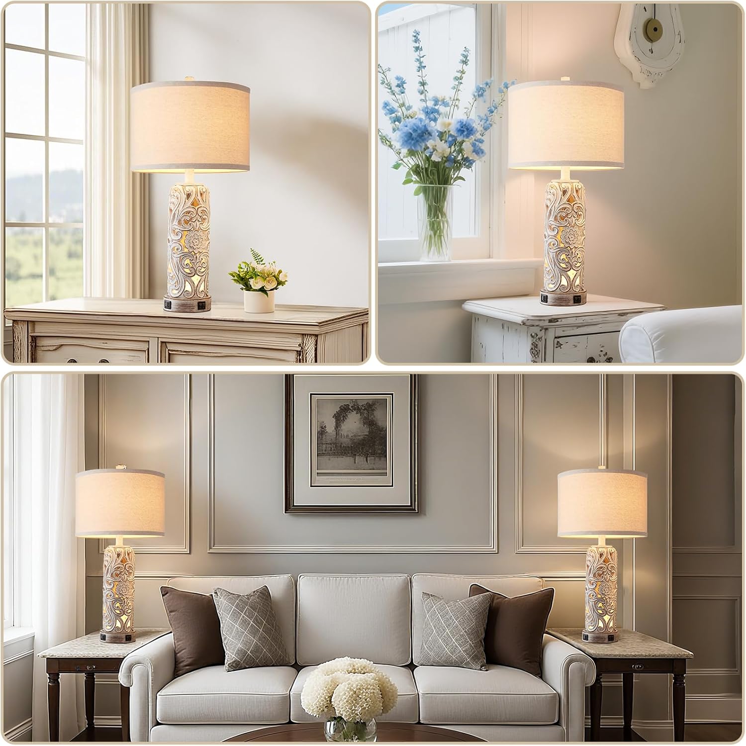 RORIANO Rustic Farmhouse Table Lamps for Living Room Bedroom, Vintage Bedside Lamp with Dual USB Port, Antique White Resin Retro Nightstand Lamps with Night Light, Bulbs Include