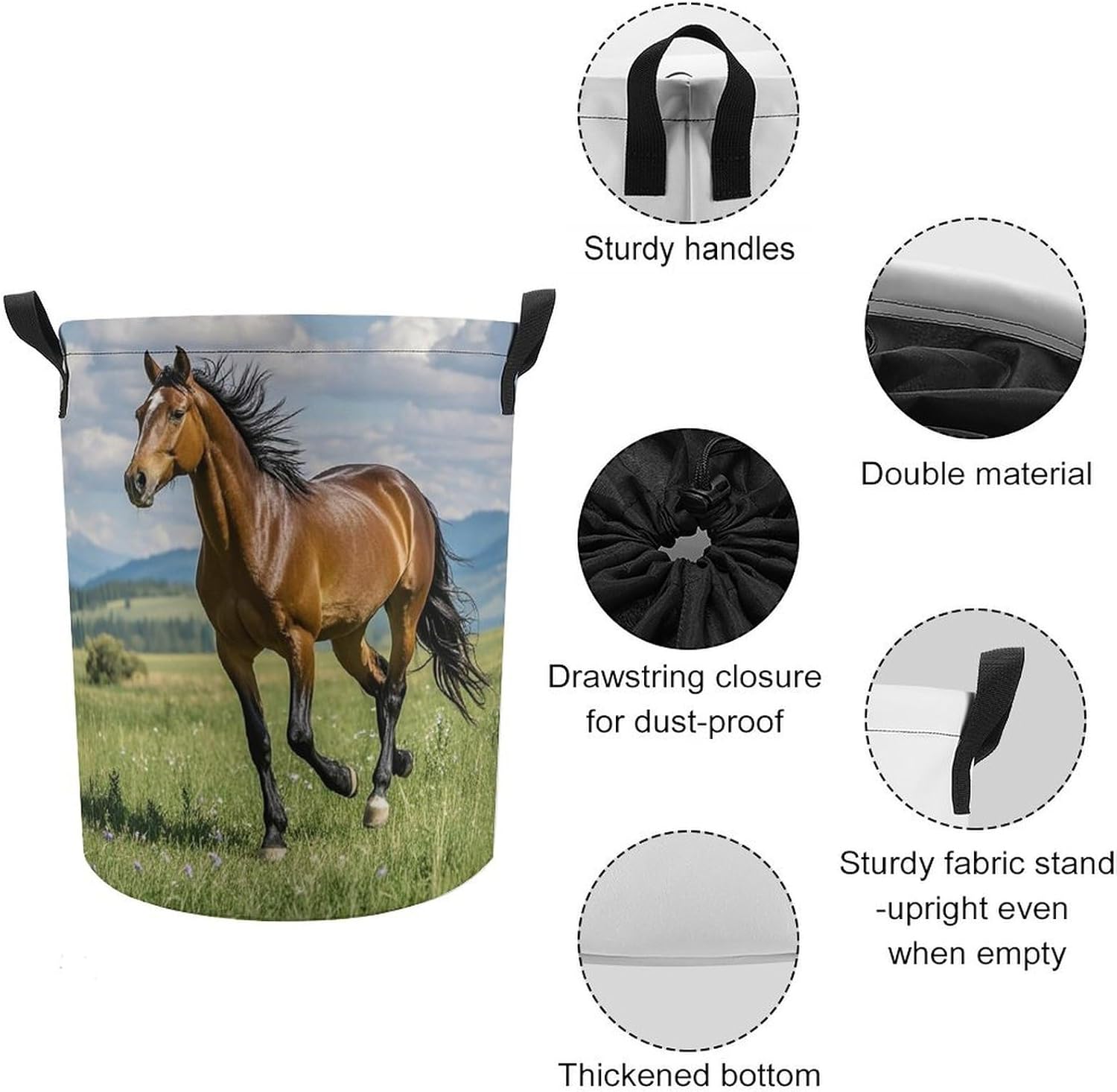 Horse Running in Field Laundry Bag Large Collapsible Laundry Baskets Freestanding Waterproof Clothes Hamper with Handles & Drawstring for Laundry Room Bedroom Bathroom