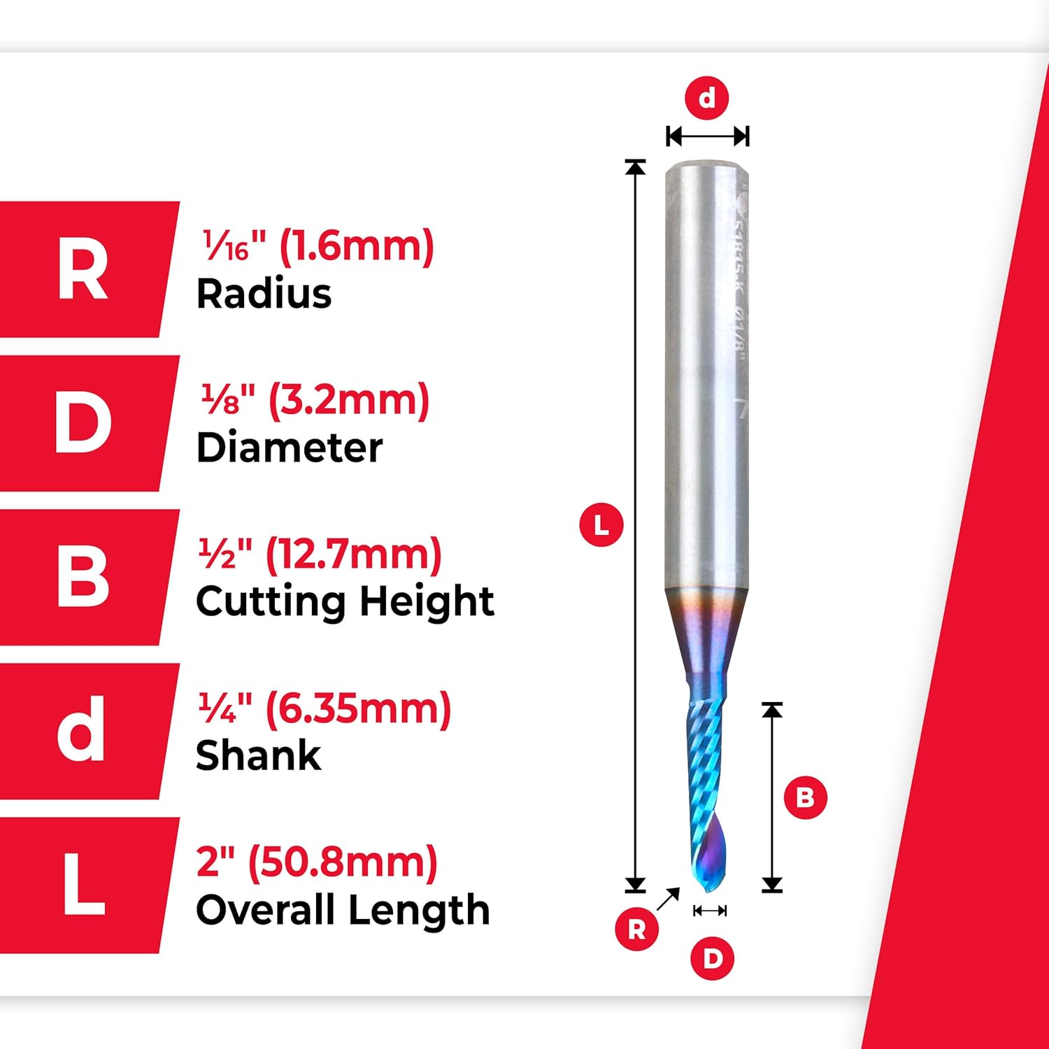 Amana Tool 51815-K CNC Spektra Coated SC Spiral O Single Flute Ball Nose, Plastic Cutting 1/16 R x 1/8 D x 1/2 CH x 1/4 SHK x 2 Inch Long Up-Cut Router Bit with Mirror Finish