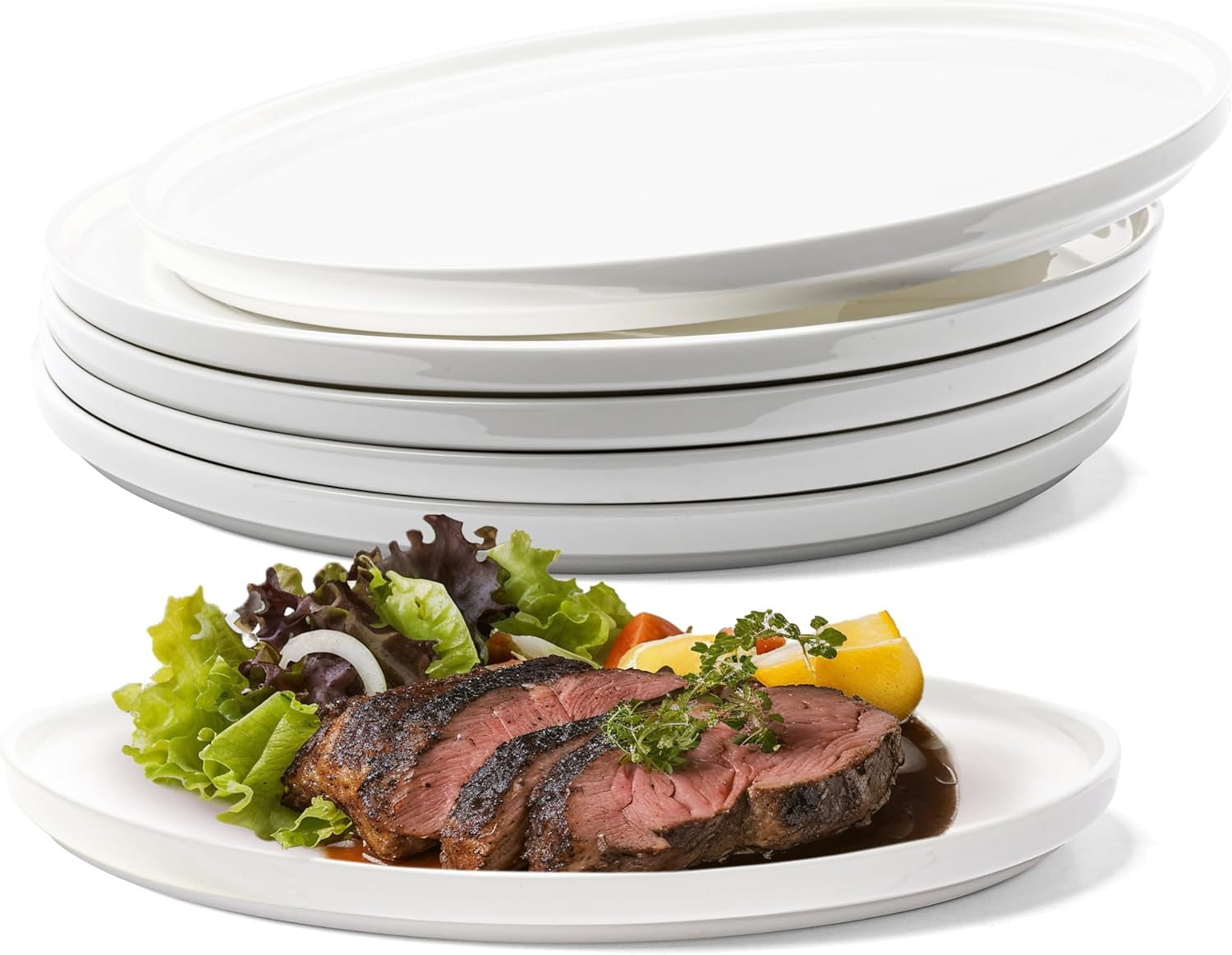 Vikko Dinner Plate, Set of 6 White Plates, Elegant Bone China with Raised Rim, Stackable 10 Inch Dinner Plates, Dishwasher Safe