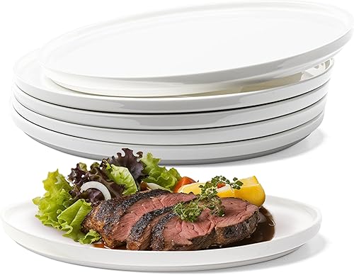 Vikko Plato llano, juego de 6 platos blancos, elegante porcelana de hueso con borde elevado, platos llanos apilables de 10 pulgadas, apto para