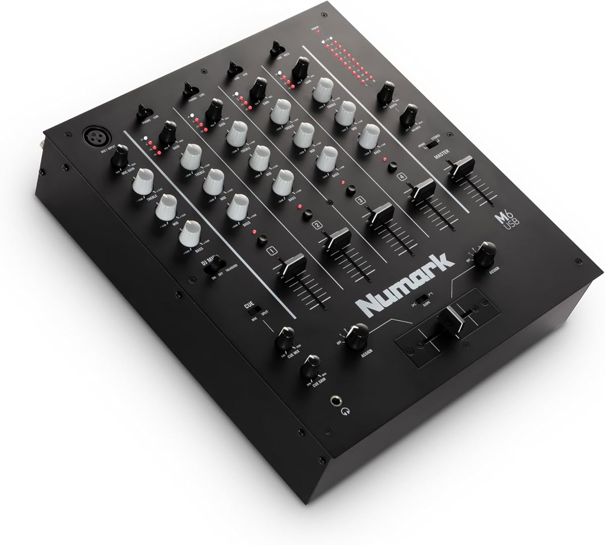 Mezclador de DJ M6 USB de 4 canales | Interfaz de audio USB incorporada, ecualizador de 3 bandas, entrada de micrófono, crossfader ajustable en pendiente reemplazable