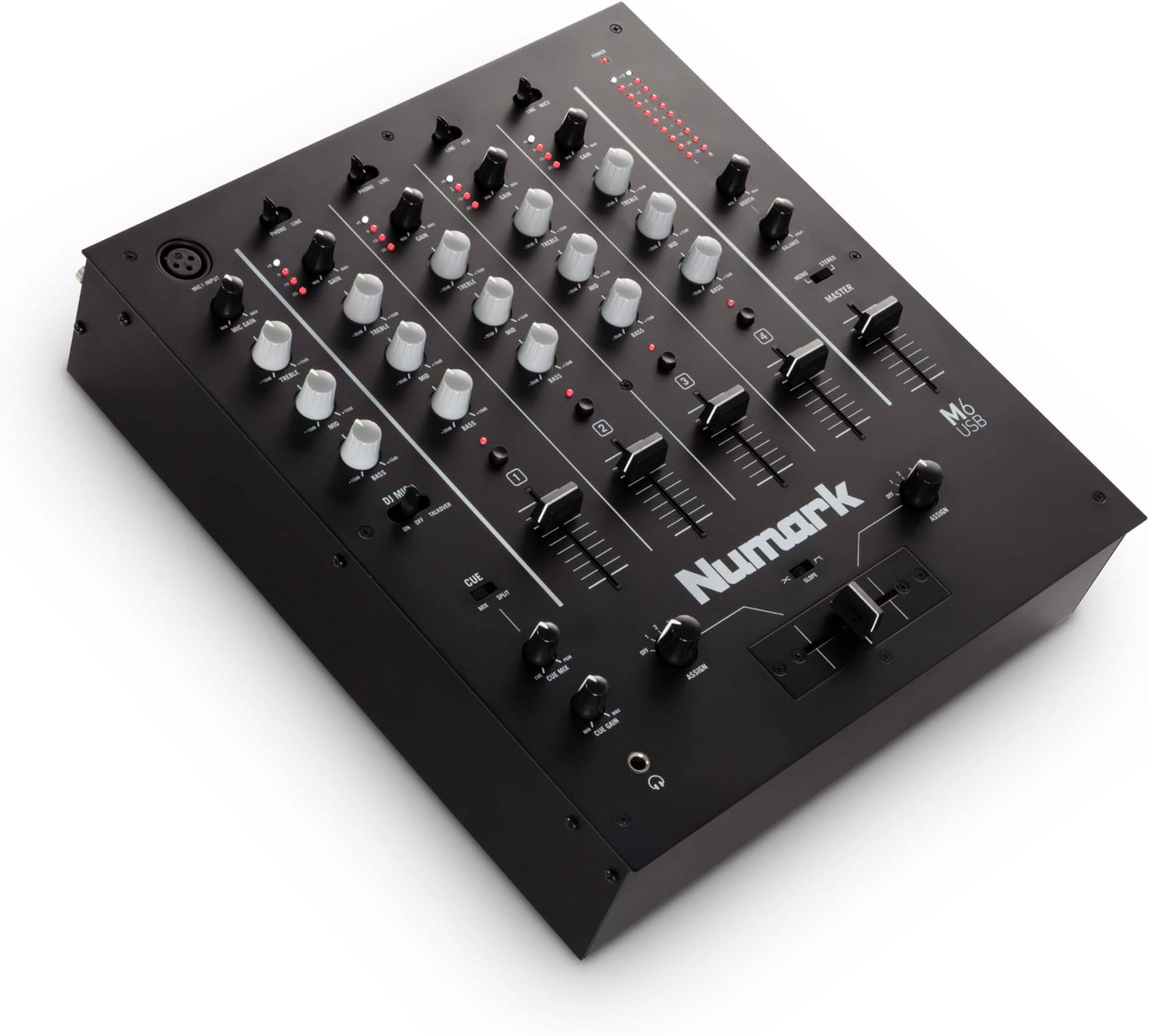 M6 USB 4-Channel DJ Mixer with Built-In Audio Interface, 3-Band EQ, Microphone Input and Replaceable Crossfader with Slope Control