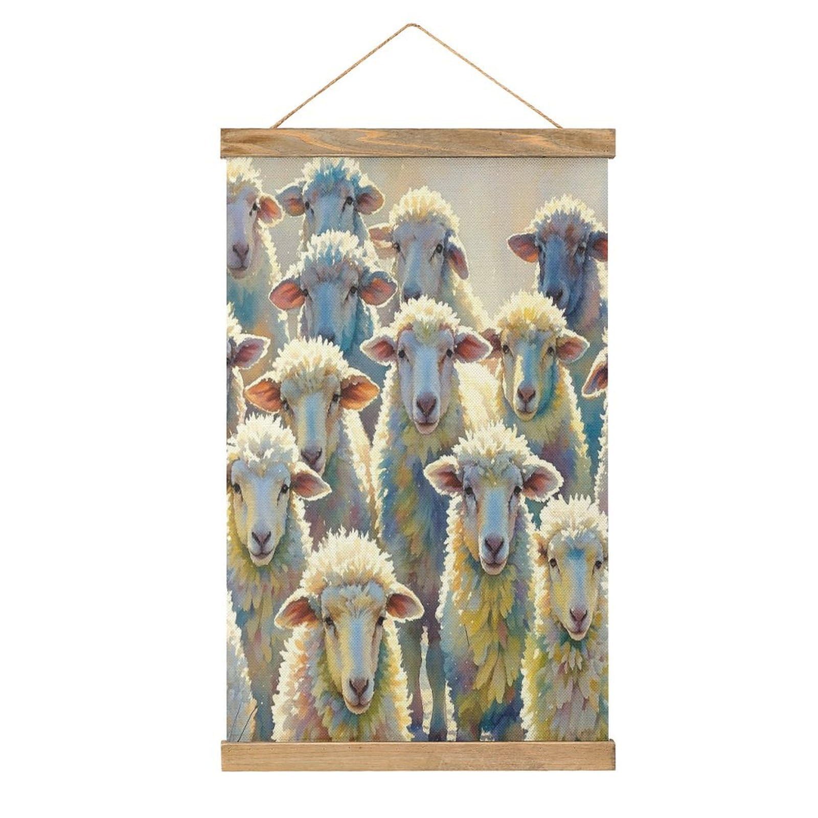 FekiLoot Watercolor Sheeps Wall Art Poster Hanger Frame Linen Wall Art Decor Vintage Hanging Poster Hanging Wall Decor Rustic Retro Wall Art Print for Living Room Decor 20.4 X 13.1Inches
